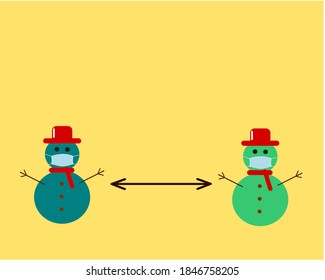 2 snowmen wearing Surgical face Mask and standing distance, there is space for the text. Merry Christmas and New Year with a social distancing concept idea.