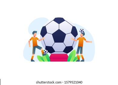 2 Soccer Players Are Practicing Juggling With Big Trophy Ball Background. Football Vector. Soccer Illustration For Banner