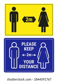 2 social distance signs, vector illustration. Please keep your distance 2 meters yellow and blue banners, man and woman icons.