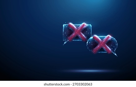 2 burbujas de voz con marcas de cancelación en el interior. Desacuerdo, comunicación bloqueada, filtrado de Comentarios, señal de conflicto, interrupción de la comunicación, concepto de denegación de decisión. Estilo de tecnología digital. Vector.