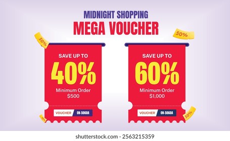 2 stacks of coupons are being printed from a slot, isolated on a dark background with a firework effect. Printing gift voucher banner template with multicolor background.