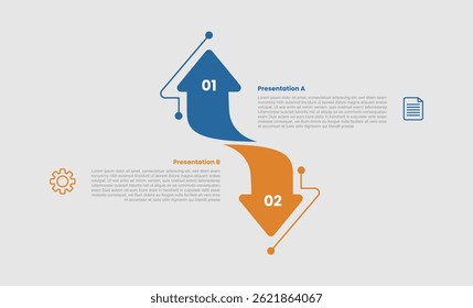 Diagramme infographique à 2 étapes opposé à la comparaison avec la grande flèche haut et bas dans la direction opposée avec deux étapes pour l'Image vectorielle de présentation de diapositives