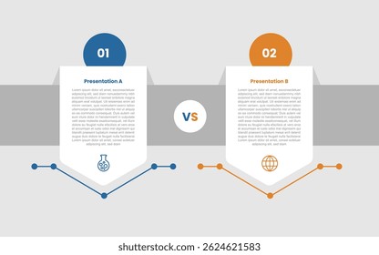 2 stage infographic diagram opposite comparison with creative badge container with circle on top with two step for slide presentation vector