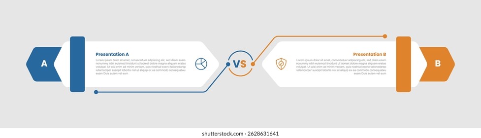 2 stage infographic diagram opposite comparison with creative long hexagon box container with two step for slide presentation vector