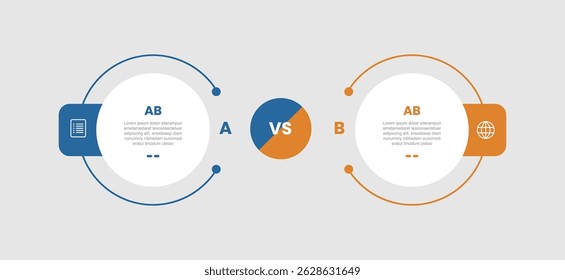 2 stage infographic diagram opposite comparison with big circle and round badge opposite direction with two step for slide presentation vector
