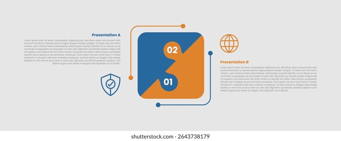 2 stage infographic diagram opposite comparison with round rectangle puzzle jigsaw with two step for slide presentation vector