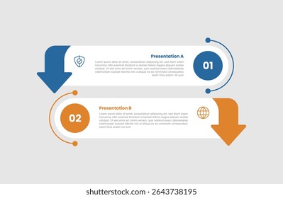 Diagrama infográfico de 2 estágios oposto comparação com caixa retangular redonda lista empilhada com seta com duas etapas para apresentação de slide vetor