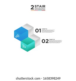2 Treppenstufen Zeitstrahl Infografik Element. Geschäftskonzept mit zwei Optionen und Anzahl, Schritten oder Prozessen. Visualisierung von Daten. Vektorillustration. isolierter weißer Hintergrund