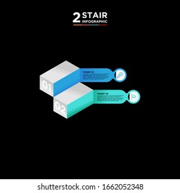 Elemento infográfico de la línea de tiempo de 2 escalones. Concepto de negocio con dos opciones y número, pasos o procesos. visualización de datos. Ilustración vectorial. fondo negro y blanco aislado