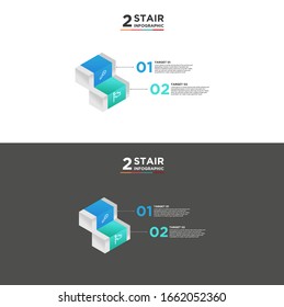 2 stair step timeline infographic element. Business concept with two options and number, steps or processes. data visualization. Vector illustration. isolated black and white background
