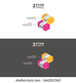 Elemento infográfico de la línea de tiempo de 2 escalones. Concepto de negocio con dos opciones y número, pasos o procesos. visualización de datos. Ilustración vectorial. fondo negro y blanco aislado