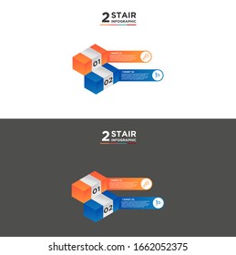 2 Treppenstufen Zeitstrahl Infografik Element. Geschäftskonzept mit zwei Optionen und Anzahl, Schritten oder Prozessen. Visualisierung von Daten. Vektorillustration. einzeln auf schwarz-weißem Hintergrund
