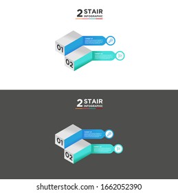 2 Treppenstufen Zeitstrahl Infografik Element. Geschäftskonzept mit zwei Optionen und Anzahl, Schritten oder Prozessen. Visualisierung von Daten. Vektorillustration. einzeln auf schwarz-weißem Hintergrund