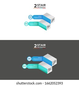 Elemento infográfico de la línea de tiempo de 2 escalones. Concepto de negocio con dos opciones y número, pasos o procesos. visualización de datos. Ilustración vectorial. fondo negro y blanco aislado