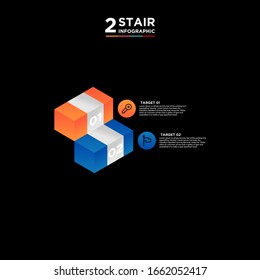 2 stair step timeline infographic element. Business concept with two options and number, steps or processes. data visualization. Vector illustration. isolated black and white background