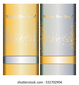 2 standard postcards. Gold and silver background with stars and ribbons. Happy New Year!