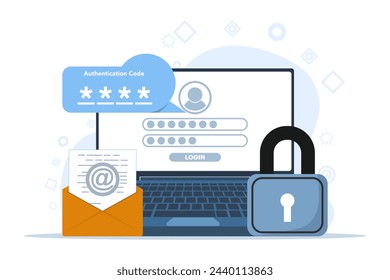 2 step authentication concept. secure login, password verification or sms with push code message on smart phone or desktop pc computer for site, flat vector illustration on background.