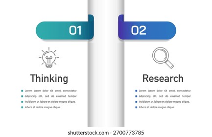 Plantilla de infografía de negocios de 2 pasos para el pensamiento y el proceso de investigación, comparación de negocios. Ilustración vectorial.