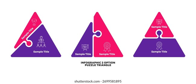 2 passo opção triângulo infográfico com forma quebra-cabeça e ícone vetor selecionado, para apresentação visual, web, capa, diagrama de relatório anual, cartaz da empresa.
