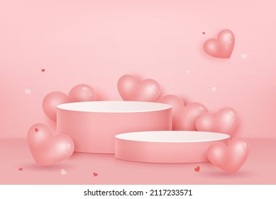 2 Step podium mock up with lovely pink hearts, Valentine's day background for product display