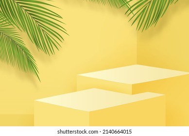 2 step stage podium mock up on summer yellow background for product display, vector illustration