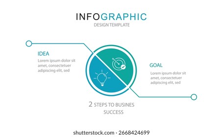 2 etapas para modelo de infográfico de negócios, círculo infográfico, linha do tempo, design, crescimento, gráfico de modelo, processo de 2 etapas,	