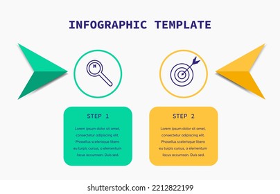 2 steps infographic. Flat infographics template. Concept with 2 steps options or processes. Business data visualization. Vector illustration.