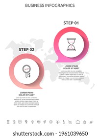 2 pasos infográficos con diálogos y gráficos. Plantilla de círculos vectores dos partes utilizadas para el diagrama, negocios, web, banner, diseño de flujo de trabajo, presentaciones, diagrama de flujo, gráfico de información, línea de tiempo, contenido