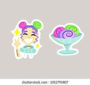 2 stickers. A girl resembling an ice cream. And the same ice cream, which is similar to a girl. Bright and cheerful illustrations on a white outline.