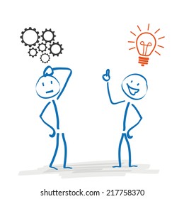 2 Stickmen with gears and a bulb on the white background. Eps 10 vector file.