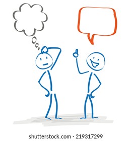 2 Stickmen with thought and speech bubble on the white background. Eps 10 vector file.