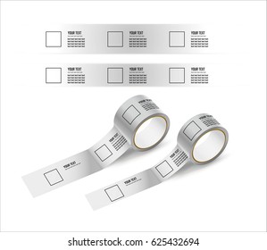 2 sticky packing tapes of different widths with printed logo and text. Office tool and stuff. Vector illustration of white adhesive tape roll for work and repair
