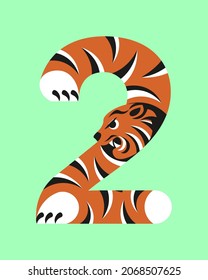 2 with stilizated tiger for create 2022 greeting card isolated. Flat Art Vector Illustration