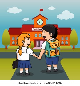 2 students hold them hands walking to school together. children back to school. Vector illustration