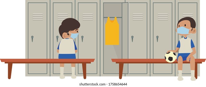 2 students are resting in school gym locker room while keep using medical mask and keeping social distance