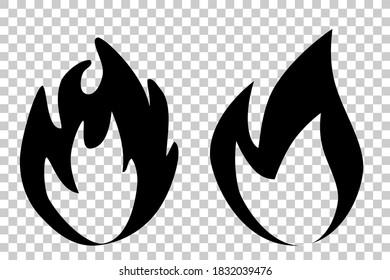 Fuego de silueta vectorial de 2 estilos o signo inflamable, con efecto transparente de fondo

