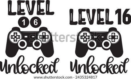 2 styles level 16 unlocked, birthday party, video game, funny gamer vector illustration file