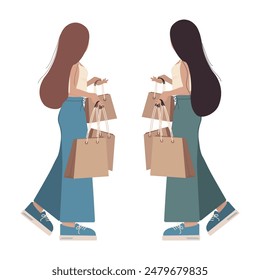 2 stylized young women in comfortable urban clothes with eco package in trendy soft hues. Promo idea