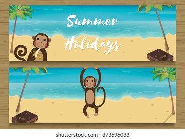 2 Summer Holidays Banner with funny Monkeys. Monkey with Banana. Vector illustration