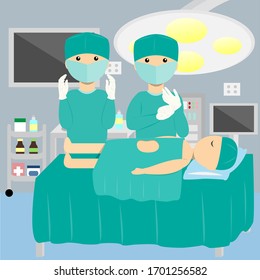 2 Surgeons preparing for surgery patient on the bed in operation room vector