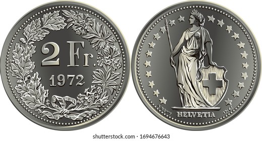 2 Swiss francs coin, reverse 2 Fr in wreath of oak leaves and gentian, obverse Helvetia shown standing and stars, official coin in Switzerland