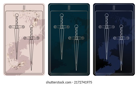 2 of Swords. A card of Minor arcana one line drawing tarot cards. Tarot deck. Vector linear hand drawn illustration with occult, mystical and esoteric symbols. 3 colors. Proposional to 2,75x4,75 in.