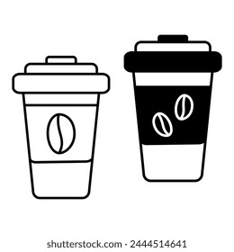 2 takeout disposable coffee cups with lid and coffee beans on label. Logo or icon design concept