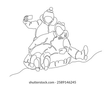 2 teenager girls tubing down hill and taking picture selfie. Leisure activity in snow winter season. Continuous line drawing. Black and white vector in line art style.