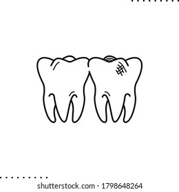 2 teeth, damaged enamel vector icon in outlines