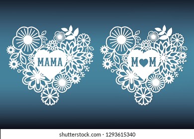 2 templates of flowers hearts for cutting. Pattern of Mother's day card for laser cut on plotter. Vector illustration for valentine's day.