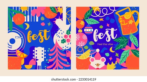 2 templates for a winter festival with a cute bear and festive elements. This bright, Christmas design is sure to fill your project with New Year's spirit!