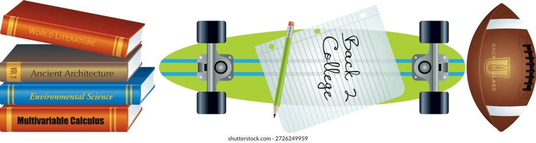 A “Back 2 College” themed illustration featuring academic textbooks—World Literature, Ancient Architecture, Environmental Science, and Multivariable Calculus—alongside a skateboard and a football. The mix of study materials and sports equipment represents a balanced college lifestyle combining education, recreation, and campus life.