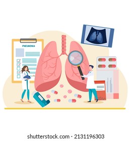 2 tiny doctors standing next to human lungs, a doctor holding magnifying glass, a lady reading document with elements of X-ray film, medicine, pneumonia disease, lungs disease pastel background 