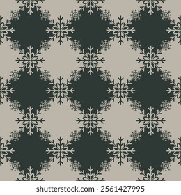 2 tone Christmas snowflake texture on geometric rhombus background. Elegant seamless vector pattern for wrapping paper, textile and paper prints, greeting cards and gift boxes.